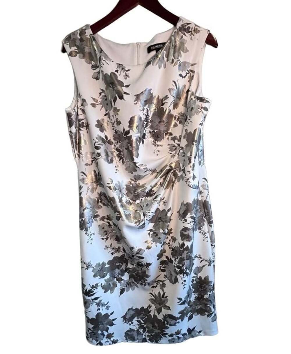 GLAMOUR Women White Silver Foil Floral Sleeveless Sheath Dress Size 16